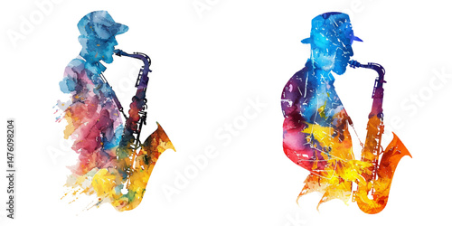 abstract color silhouette of saxophone player watercolor vector illustration