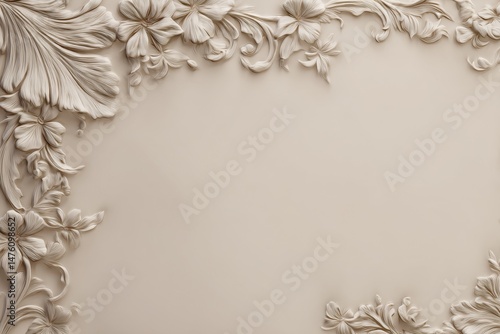 Ornate, decorative floral wall carving, beige tones, artistic design, empty space.