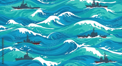 Naval Ship in Wavy Ocean Illustration