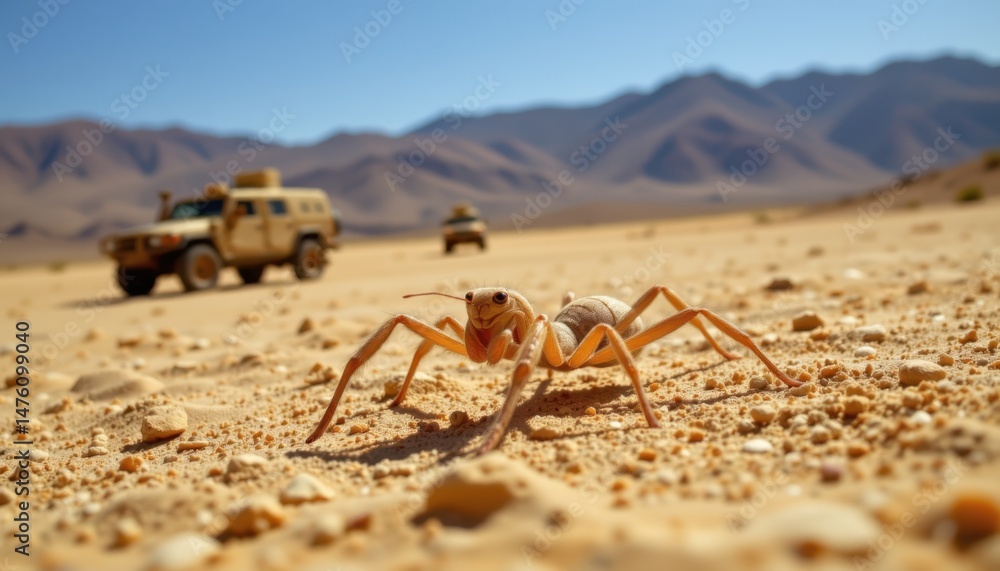 Obraz premium Desert adventure ants navigating sandy terrain near military vehicles natural environment close-up perspective