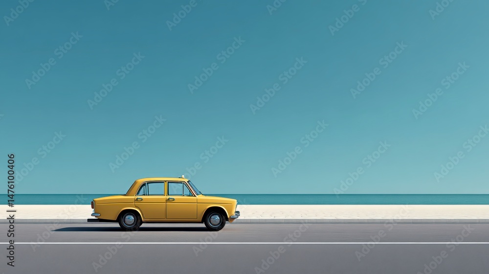 Obraz premium Yellow Taxi Cab Coastal Drive Minimalist Scene
