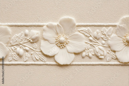 Ornate floral border design in cream and gold.