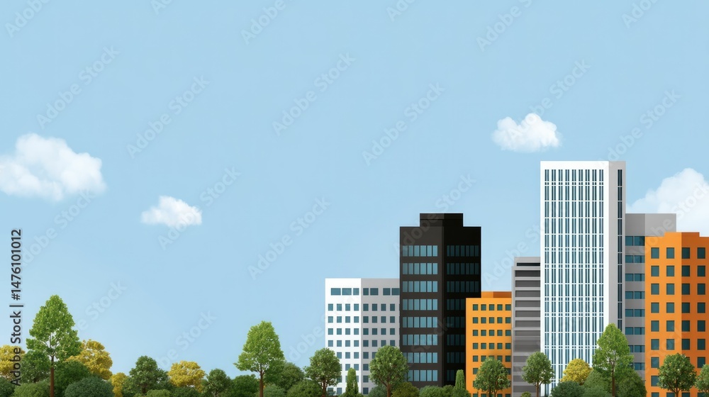 Fototapeta premium Modern Cityscape: Colorful Buildings and Lush Greenery