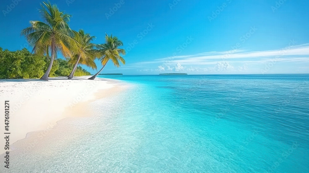 Fototapeta premium Idyllic Tropical Beach Scene Palm Trees White Sand Turquoise Water