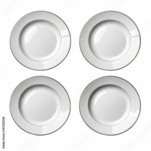 Four white ceramic plates with glossy rims. Minimal overhead layout on a clean background. Organized hospitality and refined simplicity. Ideal for menu mockups, restaurant branding