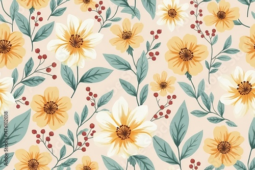 Wallpaper Mural Seamless floral pattern featuring amber yellow flowers with cinnamon centers.  Torontodigital.ca