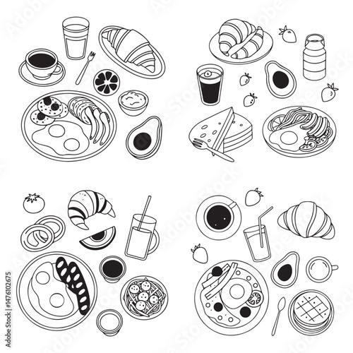 Hand drawn breakfast illustration with coffee, fried egg, croissant, milk, cereal, bacons, sausages, citrus juice, avocado, tomato, 
pancakes