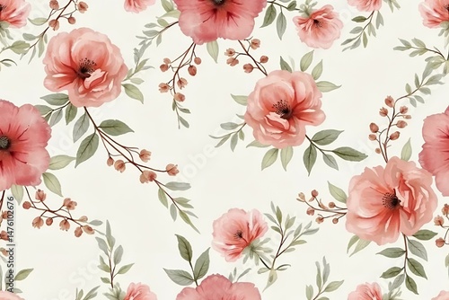 Wallpaper Mural Romantic watercolor seamless floral pattern with soft rosewood red and dusty pink flowers.  Torontodigital.ca