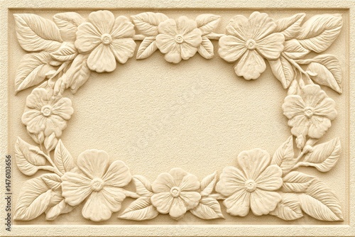 Beige stone carving with floral frame.