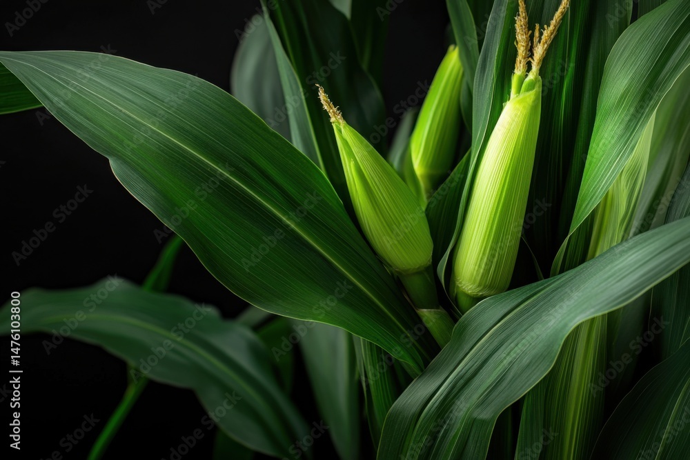 Fresh Corn on the Cob Growing in the Field Close Up Studio Shot of Green Leaves and Corn Cobs Agriculture Food Fresh Corn on the Cob Growing in the Field Close Up Studio Shot of Green Leaves and Corn Cobs Agriculture Food