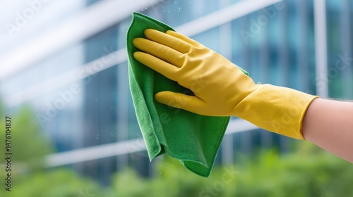 Wallpaper Mural A hand in a yellow glove wipes a green cloth on a glass surface, showcasing a cleaning action in a modern environment. Torontodigital.ca