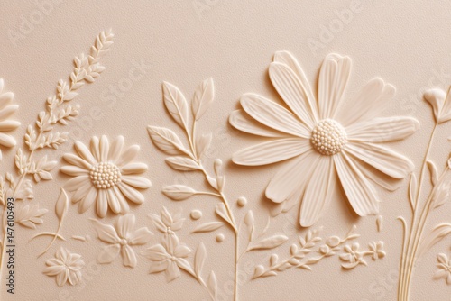 Beige floral embossed relief design on a smooth surface.