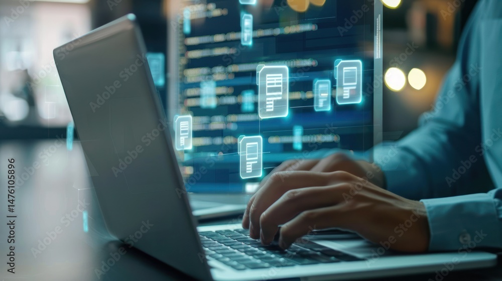© MINHOO - A man is typing on a laptop with a screen displaying a computer program © MINHOO - A man is typing on a laptop with a screen displaying a computer program