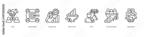 Sales Process banner web icon sheet vector illustration concept with icon of  sales, target market, prospecting, sales funnel, pitch, lead generation, negotiation