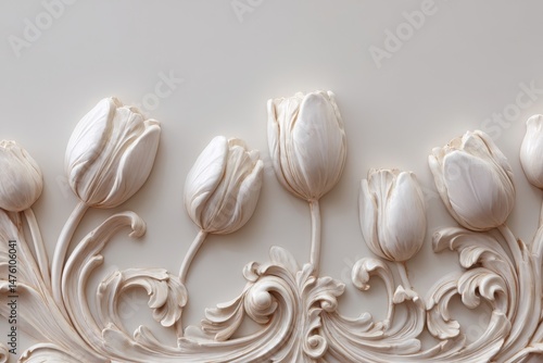 Ornate, light beige, carved floral relief design.