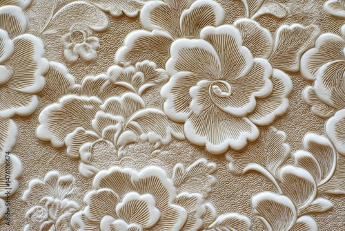 Ornate floral design embossed on a light beige surface.