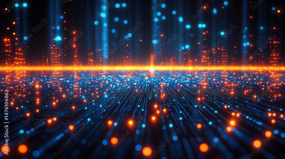 Fototapeta premium Digital Matrix: A futuristic digital landscape, interwoven with data streams and glowing nodes, symbolizes the intricate connections and complex networks of the modern technological world.