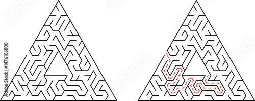 Triangle maze illustration with solution path shown in red for problem solving concept