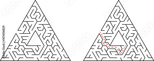 Triangular mazes with and without a solved path representing problem solving and solutions