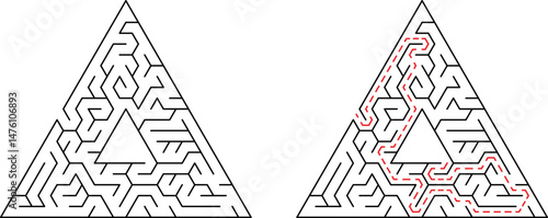 Triangular maze solution concept illustrating complexity navigation and problem solving strategies