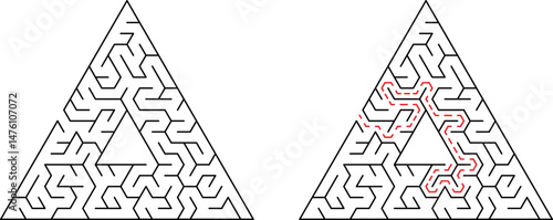 Triangular maze design with solution path outlined in red color for conceptual puzzle