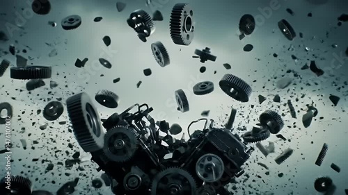 Exploded View of Gray Automotive Engine Parts Against a Cloudy Sky Background