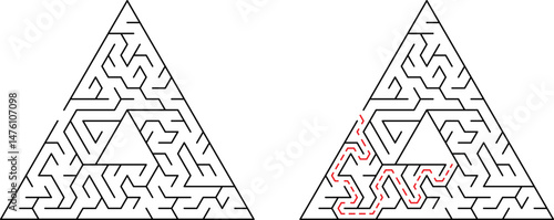 Triangle maze with solved path suggesting solution and problem solving skills