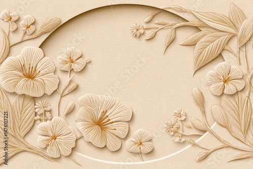 Ornate, beige floral frame with embossed,  decorative details.