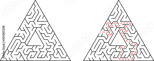 Triangular maze with solved path depicted in red leading through the complex design