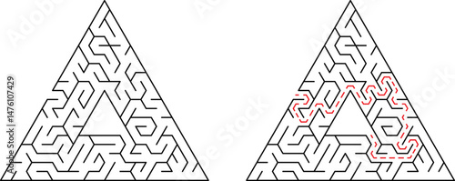 Triangular maze with solution showing path from start to the end destination