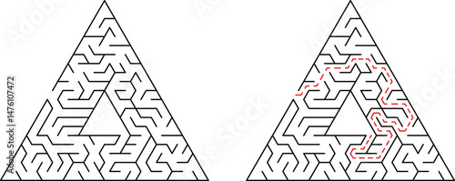 Triangular maze with solved path demonstrating puzzle solving and finding solutions