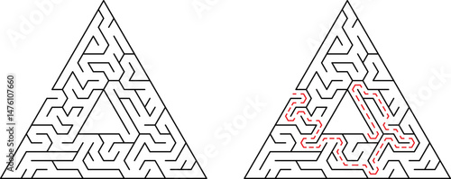 Triangular maze with solution showing path to center with black lines and red marking