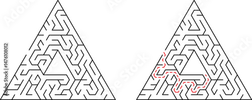 A complex triangular maze with solution displayed showing the correct path