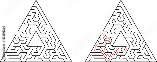 Complex triangle maze solution with marked path black and white illustration