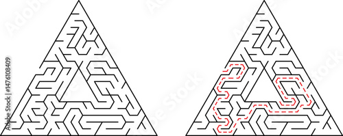 Triangular maze with solved path demonstrating a strategic journey and solution finding