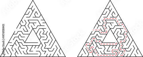 Triangular maze showing the solved path from start to finish in black and red lines