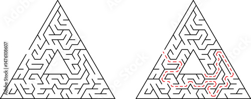 Triangular maze with solution visualization for problem solving and educational purposes