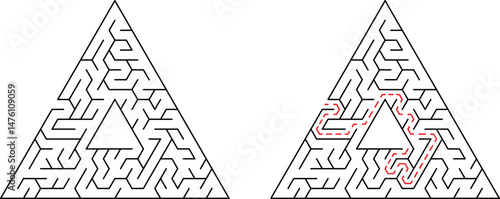 Vector illustration of a triangular maze puzzle showing solution path clearly