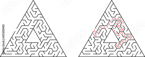Triangular maze puzzle with the solution route illustrated in red color