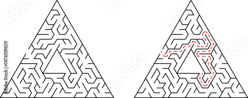 Triangular maze illustration showing path solution for problem solving and concept of navigation