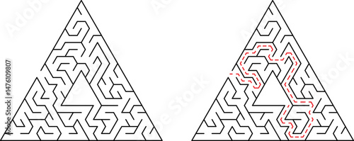 Triangular maze design with solution path illustration for problem solving concept