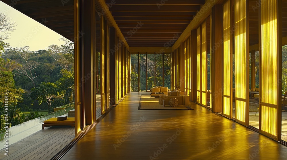Fototapeta premium Golden light illuminates a modern, wooden interior hall.
