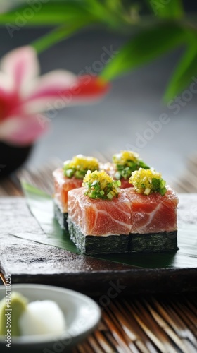Wallpaper Mural Close up of Salmon Sushi Nigiri with Caviar and Scallions on Plate in Restaurant Setting Delicious Japanese Cuisine Torontodigital.ca