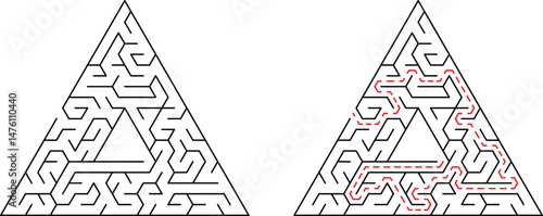 Triangle maze with path indicated illustrating solution and navigation concept