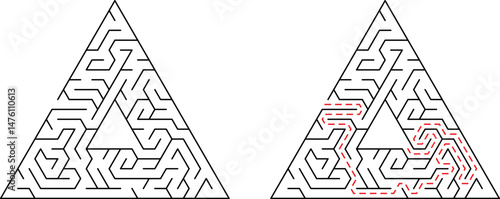 Complex triangular maze with solution path depicted illustrating problem solving concepts