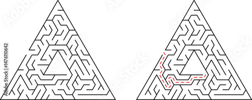 Triangular maze with solution path showing route from entry to exit in black lines