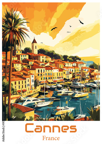Cannes, France. Vector Illustration of Coastal Cityscape.