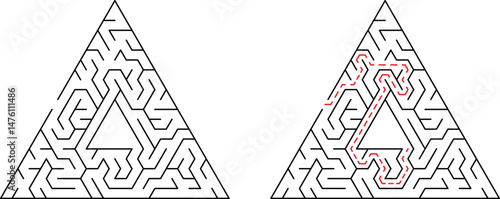 Triangular maze concept illustration of problem solving and cognitive challenges with solution path