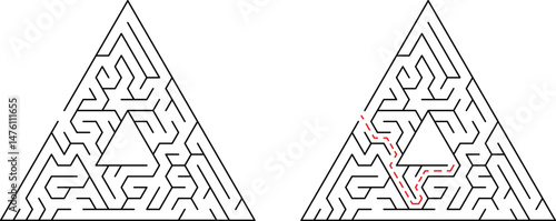 Two triangular mazes showing maze complexity and solution paths for puzzle solving