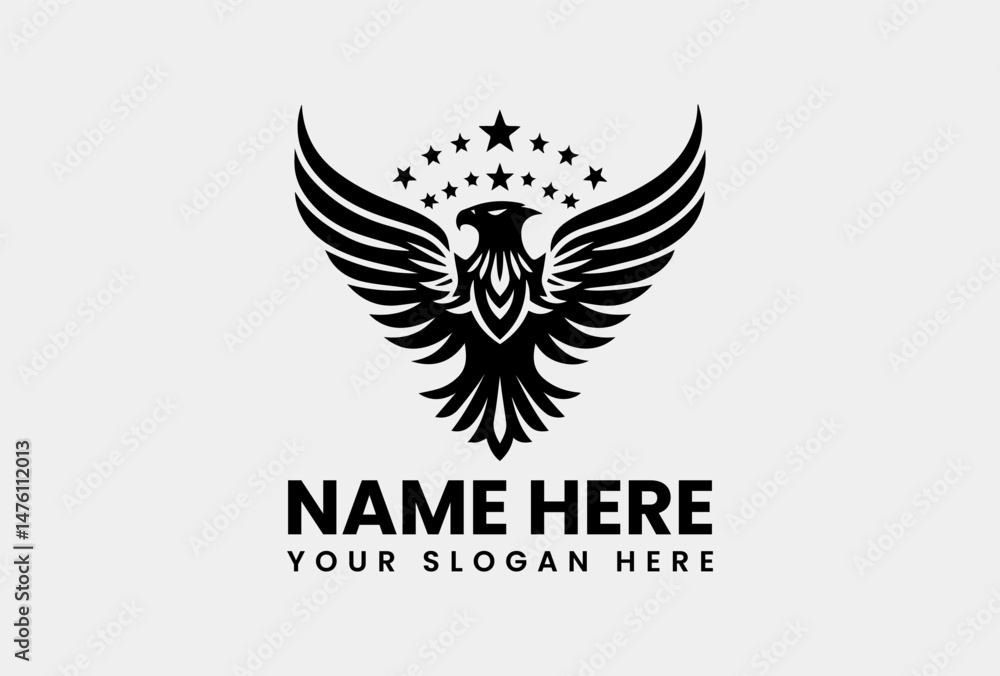 Obraz premium Monochrome Eagle and Stars Vector Logo Illustration. Minimalist Symbolic Art